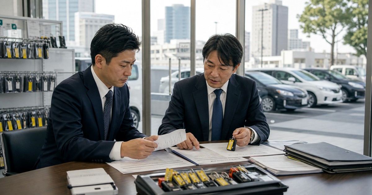 大阪のレンタカー会社事業承継M&Aで法人契約と車両運用を確認する写真調ビジュアル