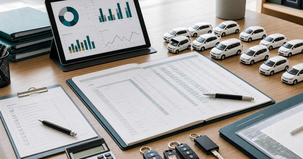東北のカーリースM&Aで雪道装備や法人営業車、残価管理の条件を確認する実務打ち合わせのイメージ