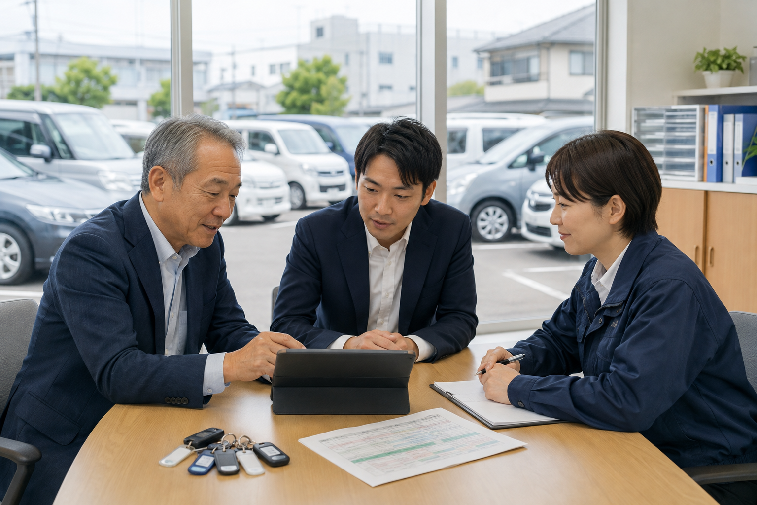 レンタカー事業の車両運用と予約業務を引き継ぐ経営者とスタッフ