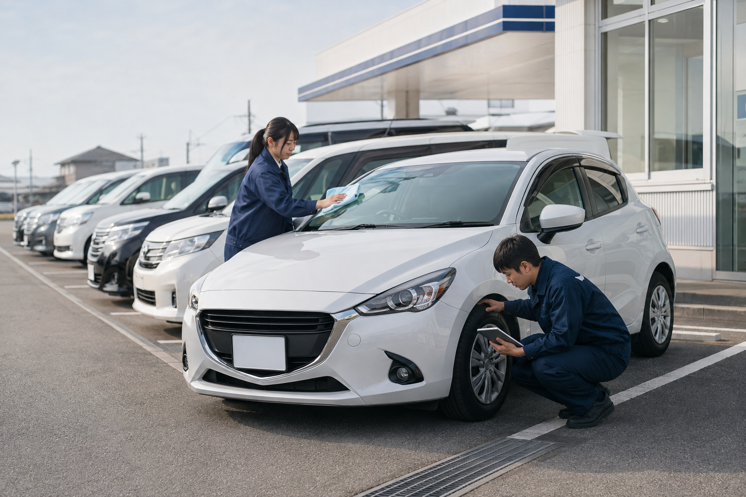 レンタカー営業所で車両点検と清掃を行うスタッフ